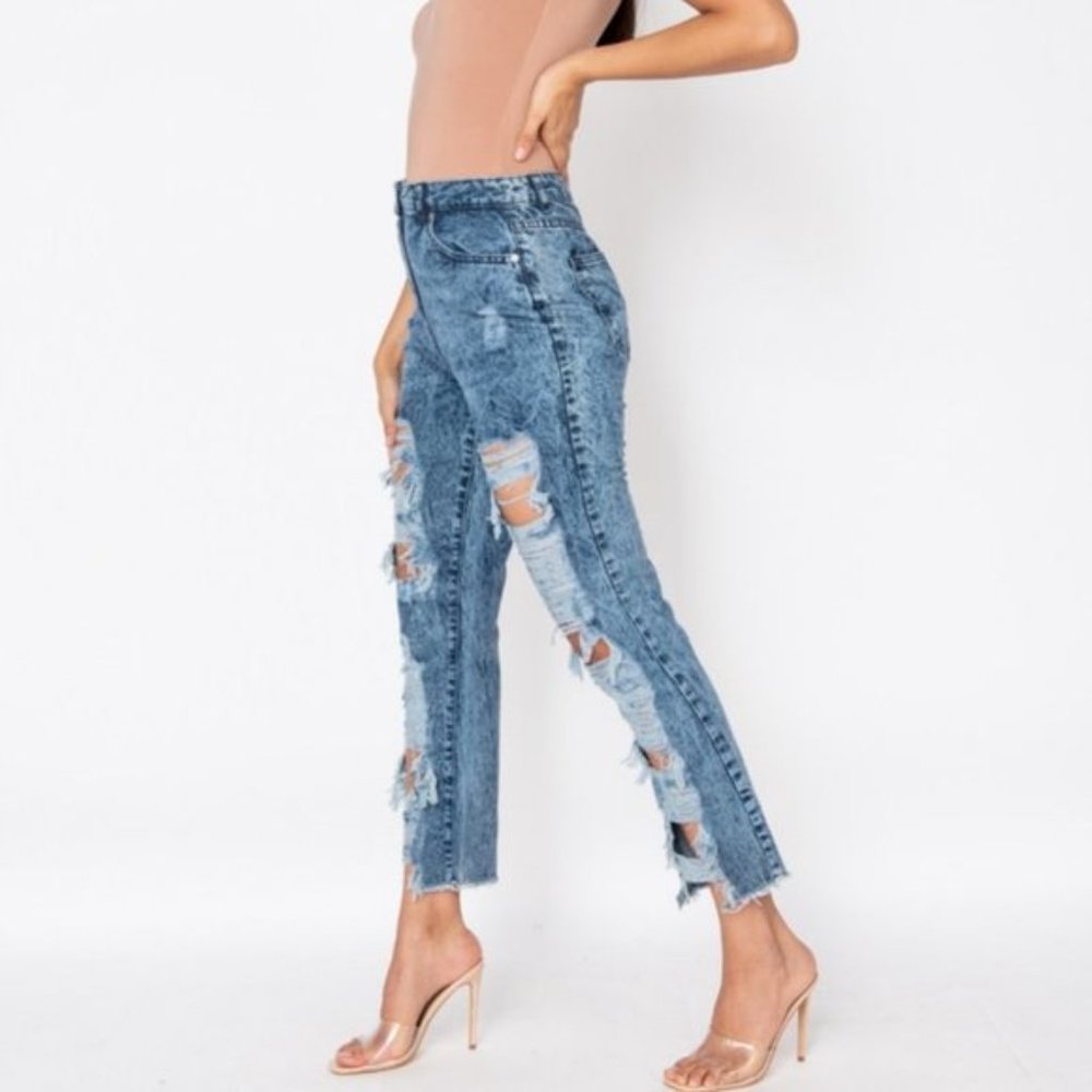 Blue Acid Wash High Waist Ripped Distressed Boyfriend Jeans Denim - Picture 6 of 9